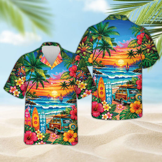 Vibrant tropical hawaiian shirt with sunset and woodie wagon design, main view