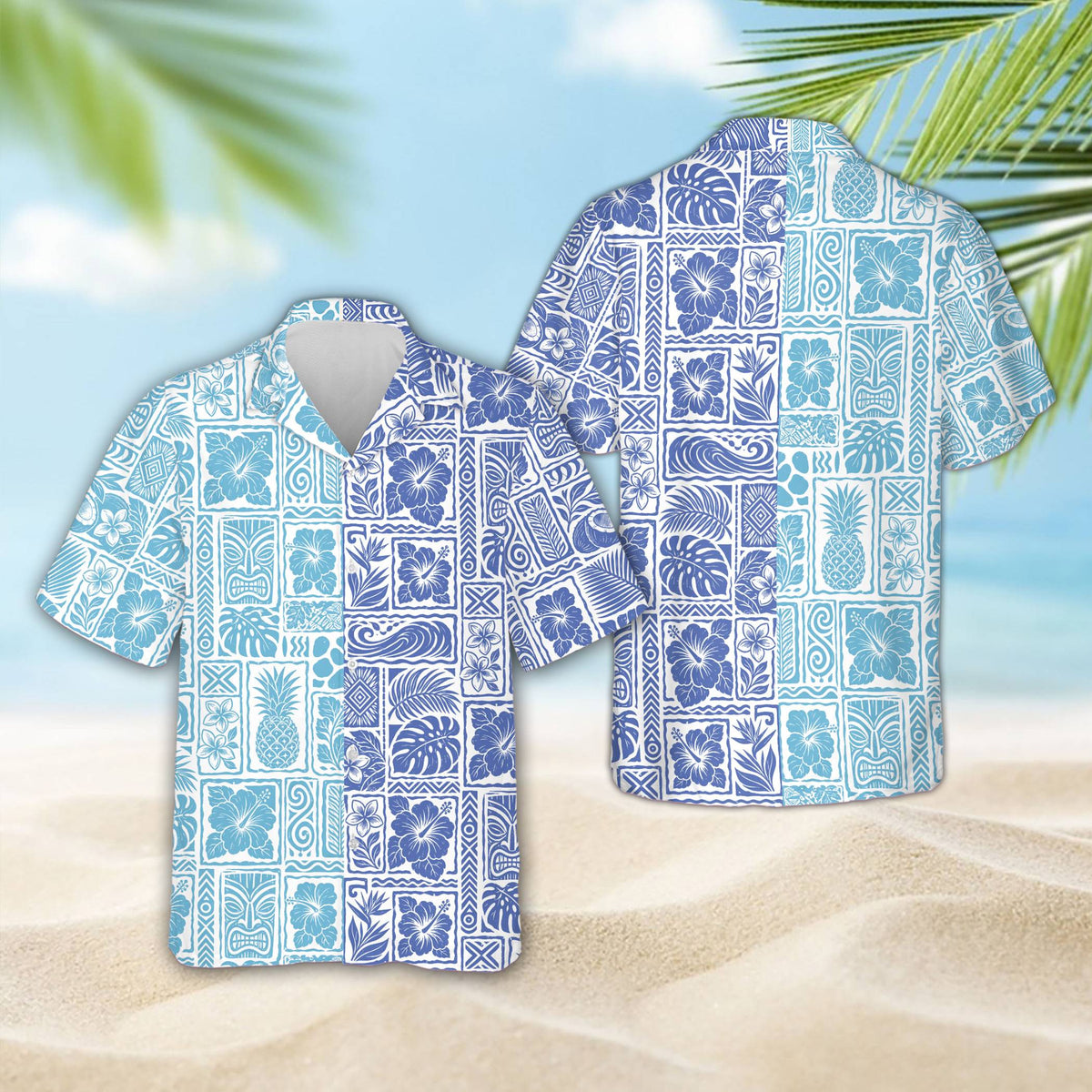 Close up of the matching family hawaiian shirt highlighting the hibiscus and monstera leaf patterns