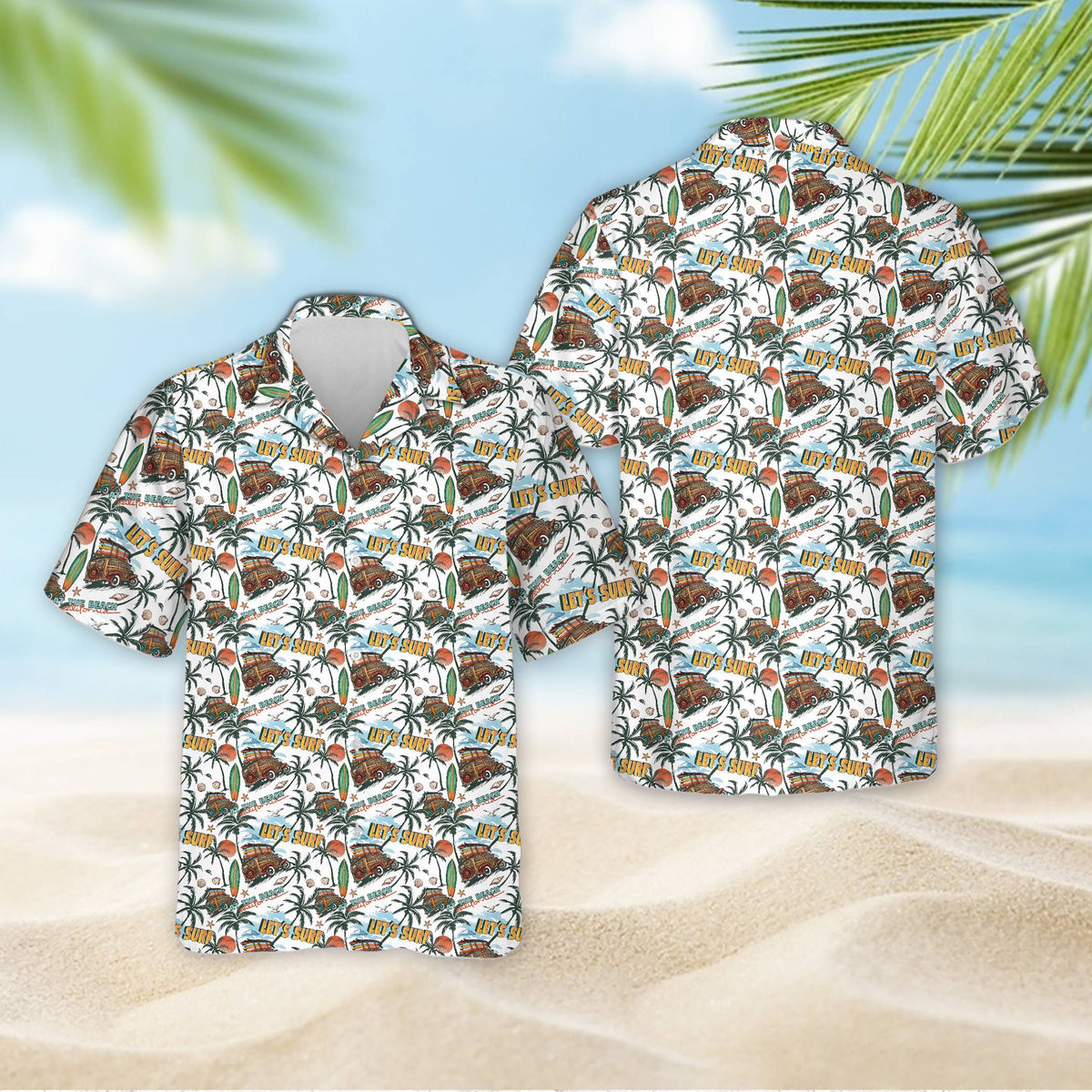 Tropical hawaiian shirt with retro beach wagon and surfboards design, alternate front view 2