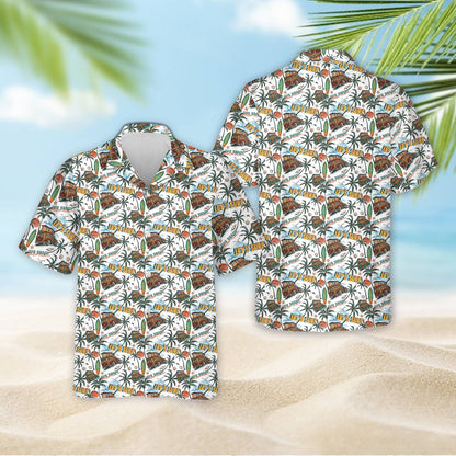 Tropical hawaiian shirt with retro beach wagon and surfboards design, alternate front view 2
