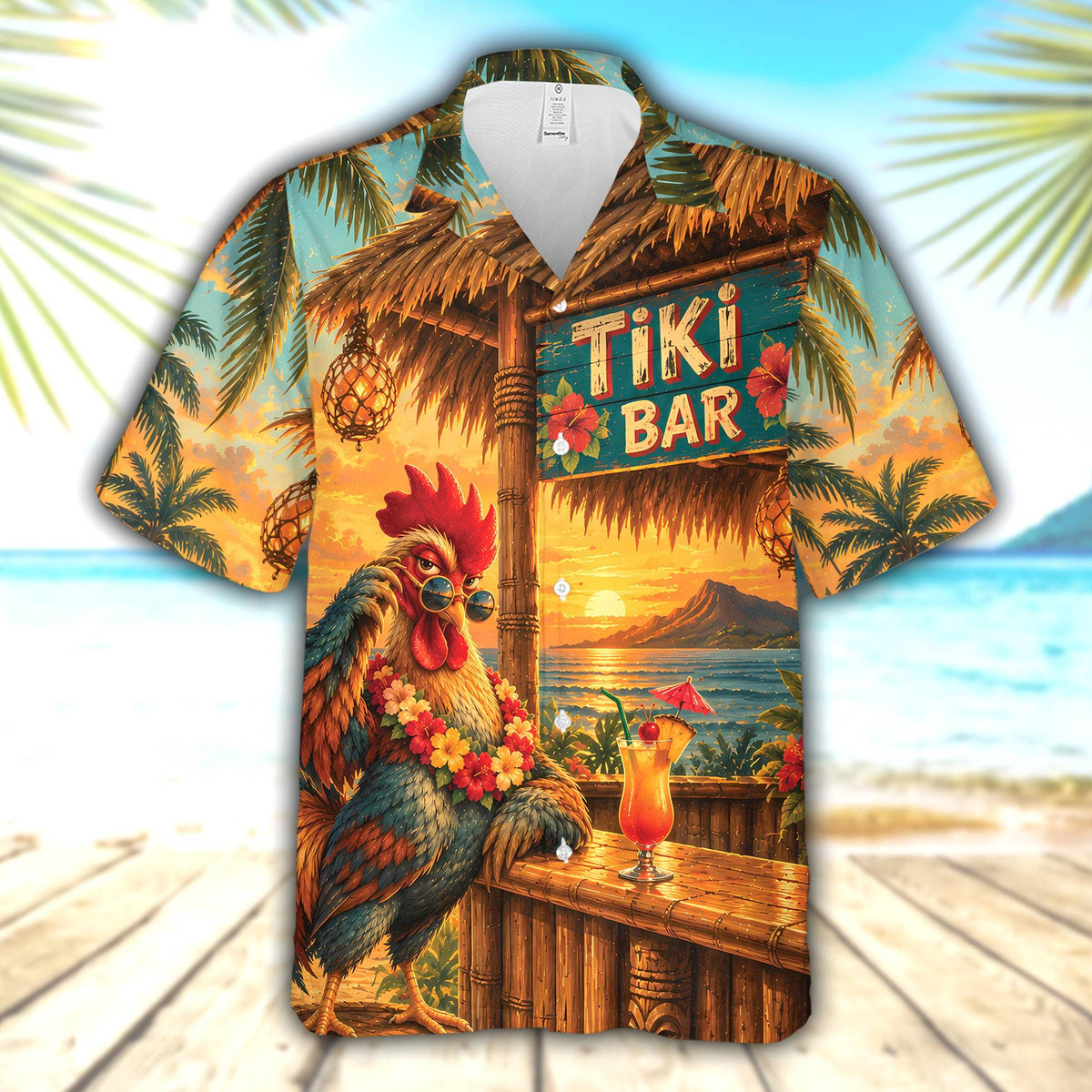 Close-up front view of tropical hawaiian shirt with vibrant beach sunset design