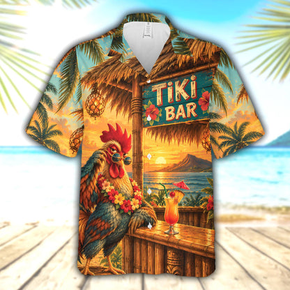 Close-up front view of tropical hawaiian shirt with vibrant beach sunset design