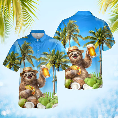 Another front view of the light blue sloth and beach hawaiian shirt