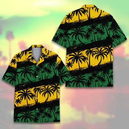 Close up front view of the tropical hawaiian shirt displaying distressed bands