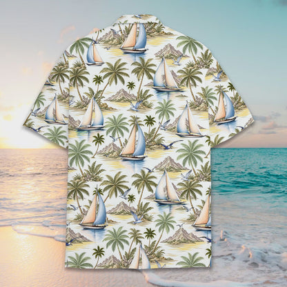 Close up front view of the tropical sailboat hawaiian shirt