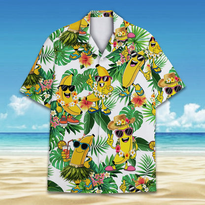 Detailed front view of white hawaiian shirt with yellow bananas and green leaves