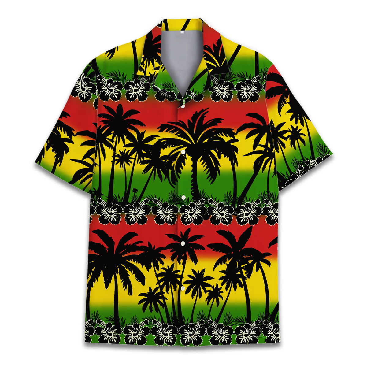 Front view of matching family hawaiian shirt with red, yellow, and green colors