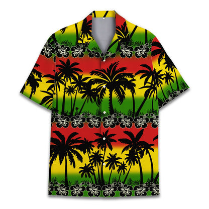 Front view of matching family hawaiian shirt with red, yellow, and green colors