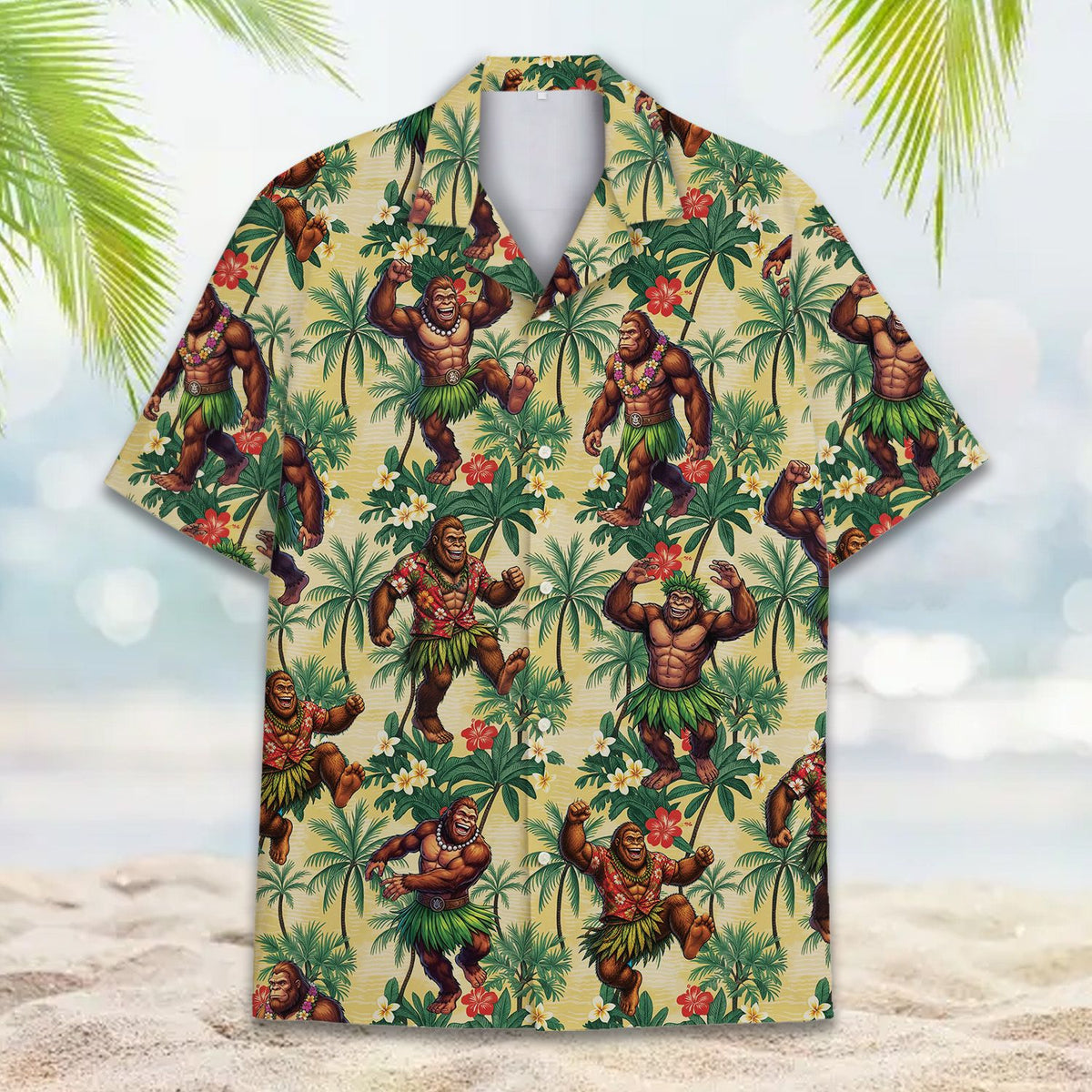 Close-up front view of the tropical hawaiian shirt design.