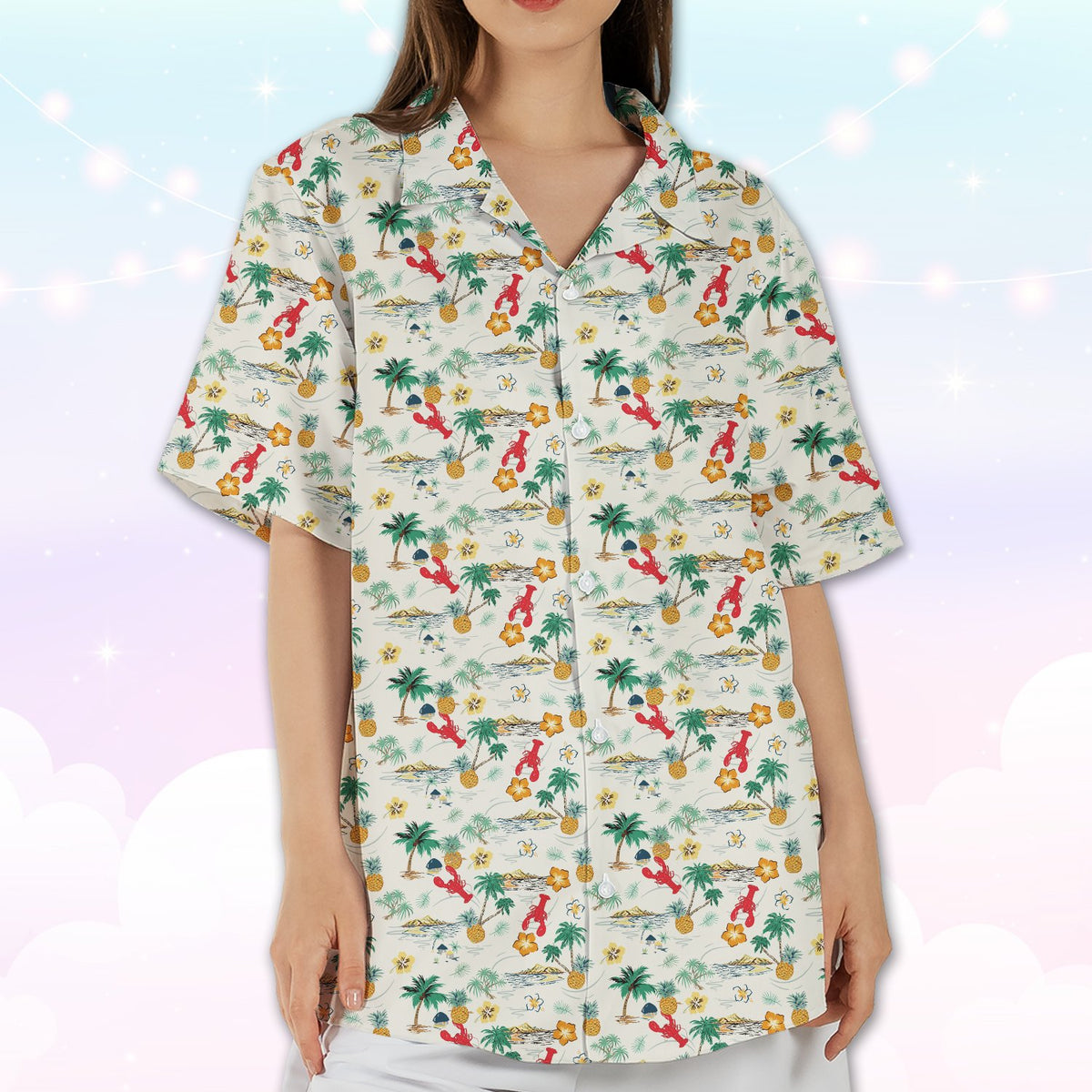 Light-colored hawaiian shirt front detail view