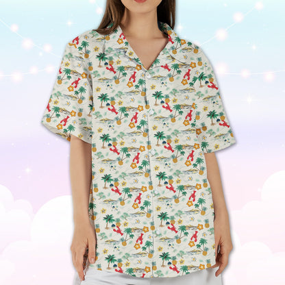 Light-colored hawaiian shirt front detail view