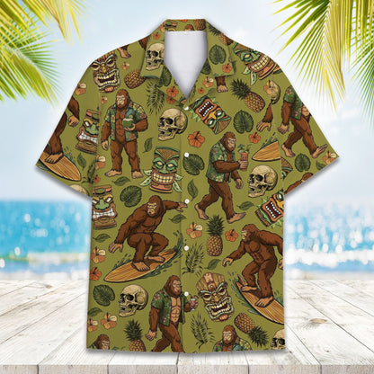 Tropical hawaiian shirt with Bigfoot holding a coconut drink, secondary front view