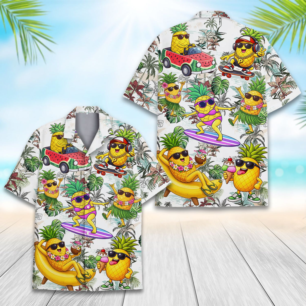 Alternative front view of the fun summer pineapple hawaiian shirt