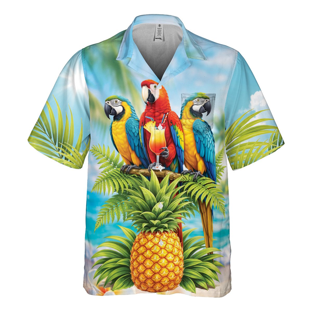 Detailed front view of the tropical hawaiian shirt showing the vibrant beach scene
