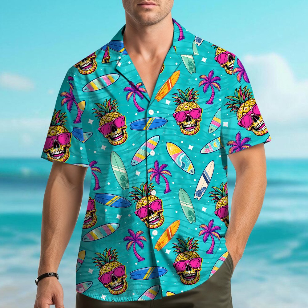 Tropical hawaiian shirt featuring pink sunglasses and surfboards, front view