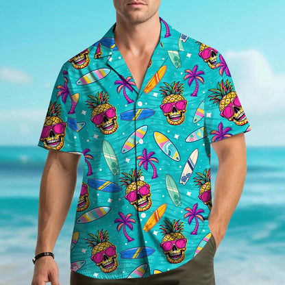 Tropical hawaiian shirt featuring pink sunglasses and surfboards, front view