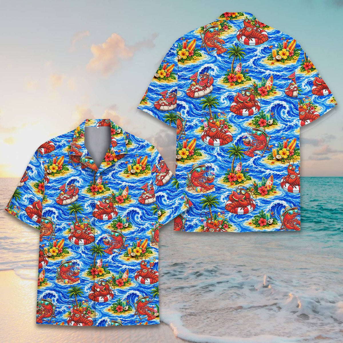 Detailed front view of the lobster and ocean wave pattern shirt