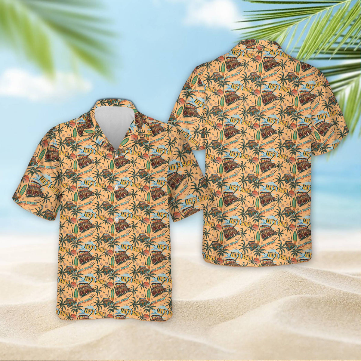 Tropical hawaiian shirt with retro beach wagon and surfboards design, main view