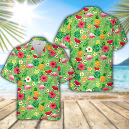 Green tropical hawaiian shirt featuring flamingos, pineapples, and hibiscus flowers, main view