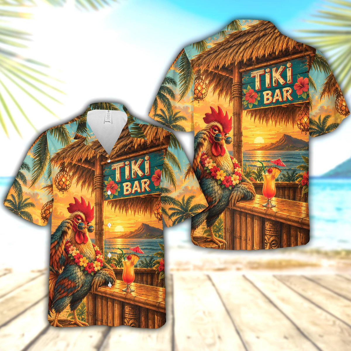 Tropical hawaiian shirt featuring a rooster at a tiki bar sunset, main view