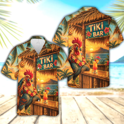 Front view of tropical hawaiian shirt with rooster tiki bar design