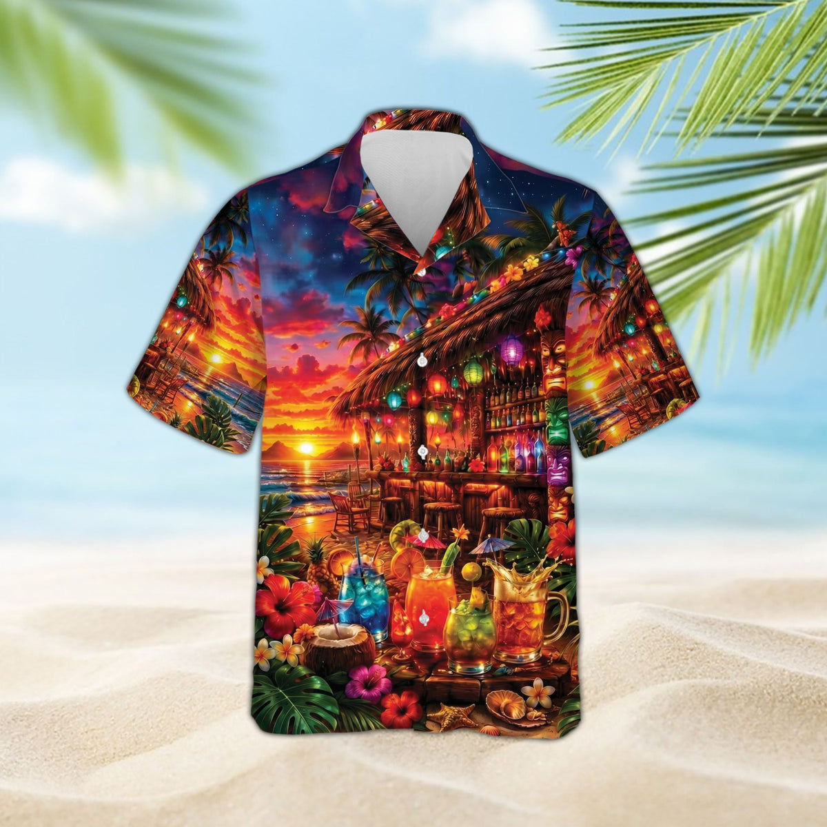 Tropical hawaiian shirt with beach bar sunset design, front view