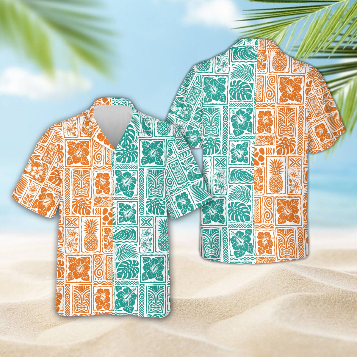 Detailed front view of the white tropical hawaiian shirt showcasing the tribal geometric designs