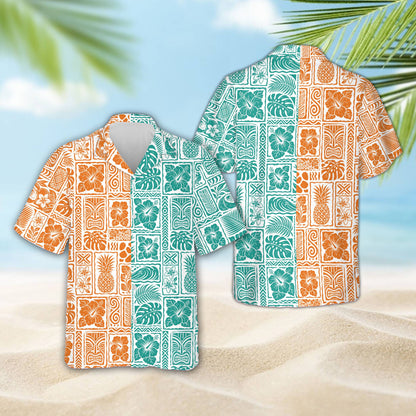 Detailed front view of the white tropical hawaiian shirt showcasing the tribal geometric designs