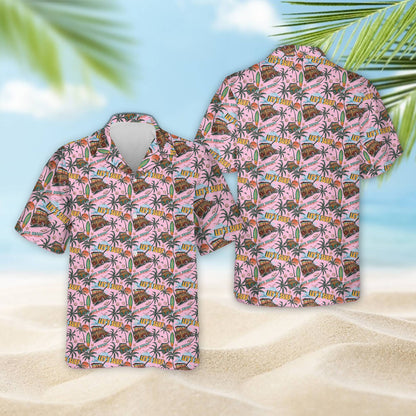 Tropical hawaiian shirt with retro beach wagon and surfboards design, alternate front view 3
