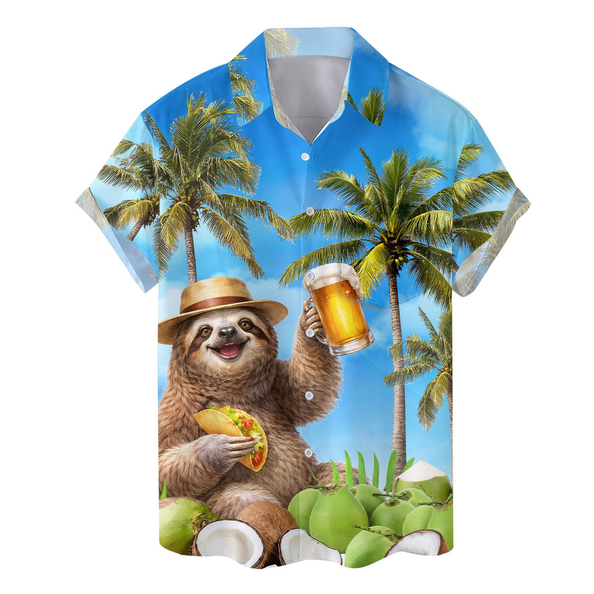 Detailed front view showing the palm trees and coconuts on the hawaiian shirt