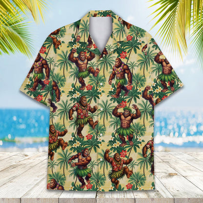 Another front view of the pale yellow hawaiian shirt with cartoon gorillas.