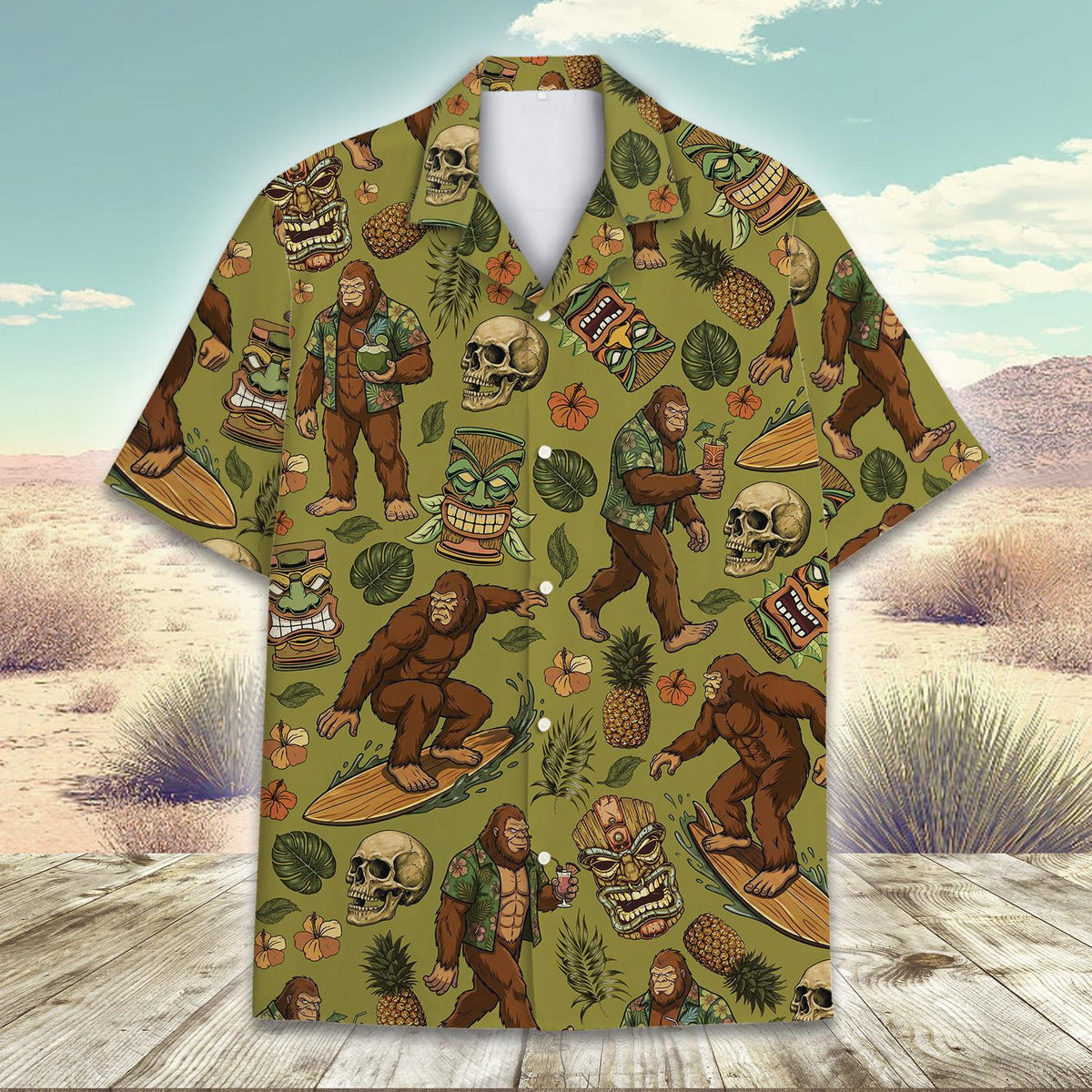 Olive green hawaiian shirt with skulls and pineapples, tertiary front view