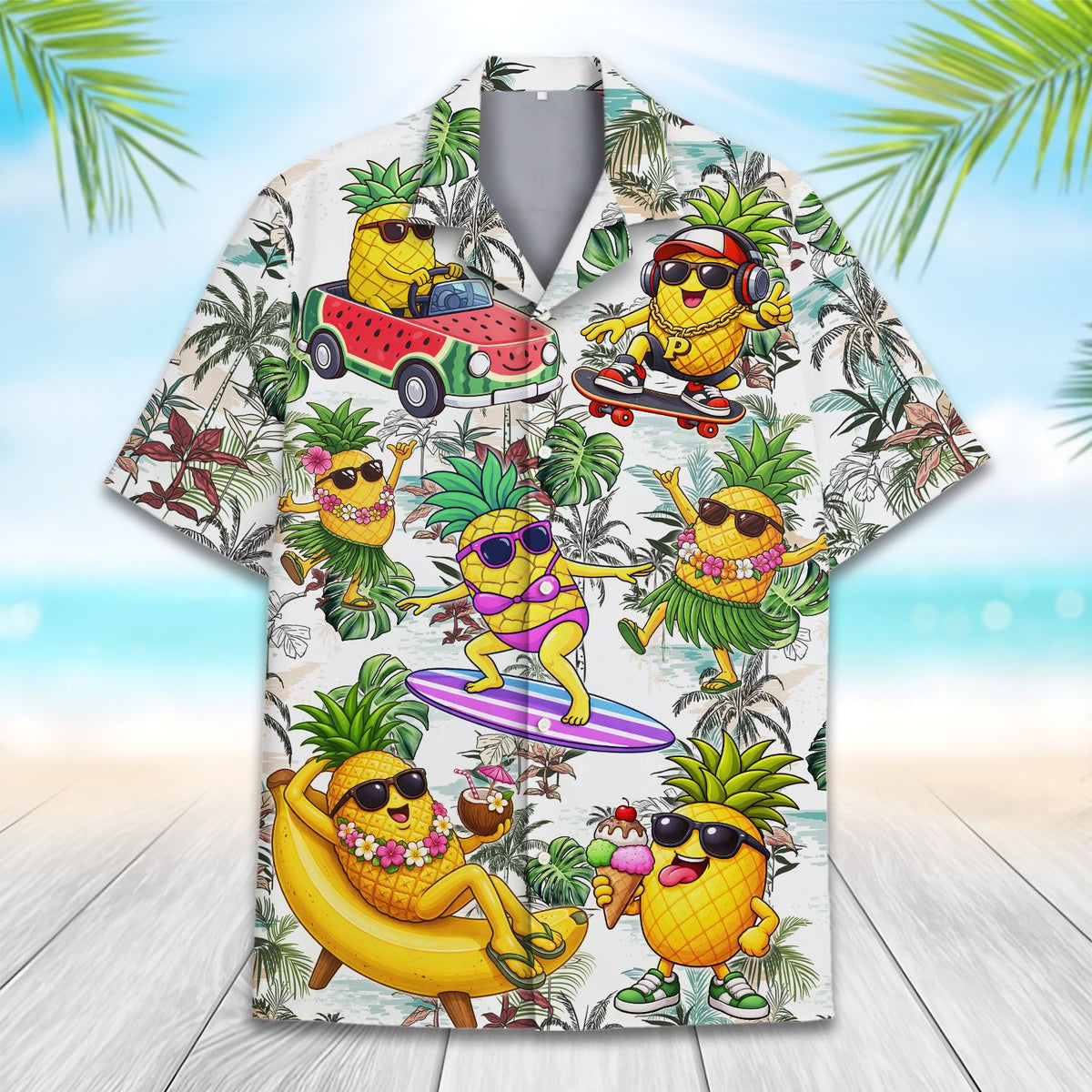 Detailed front view showing the tropical leaf and pineapple pattern