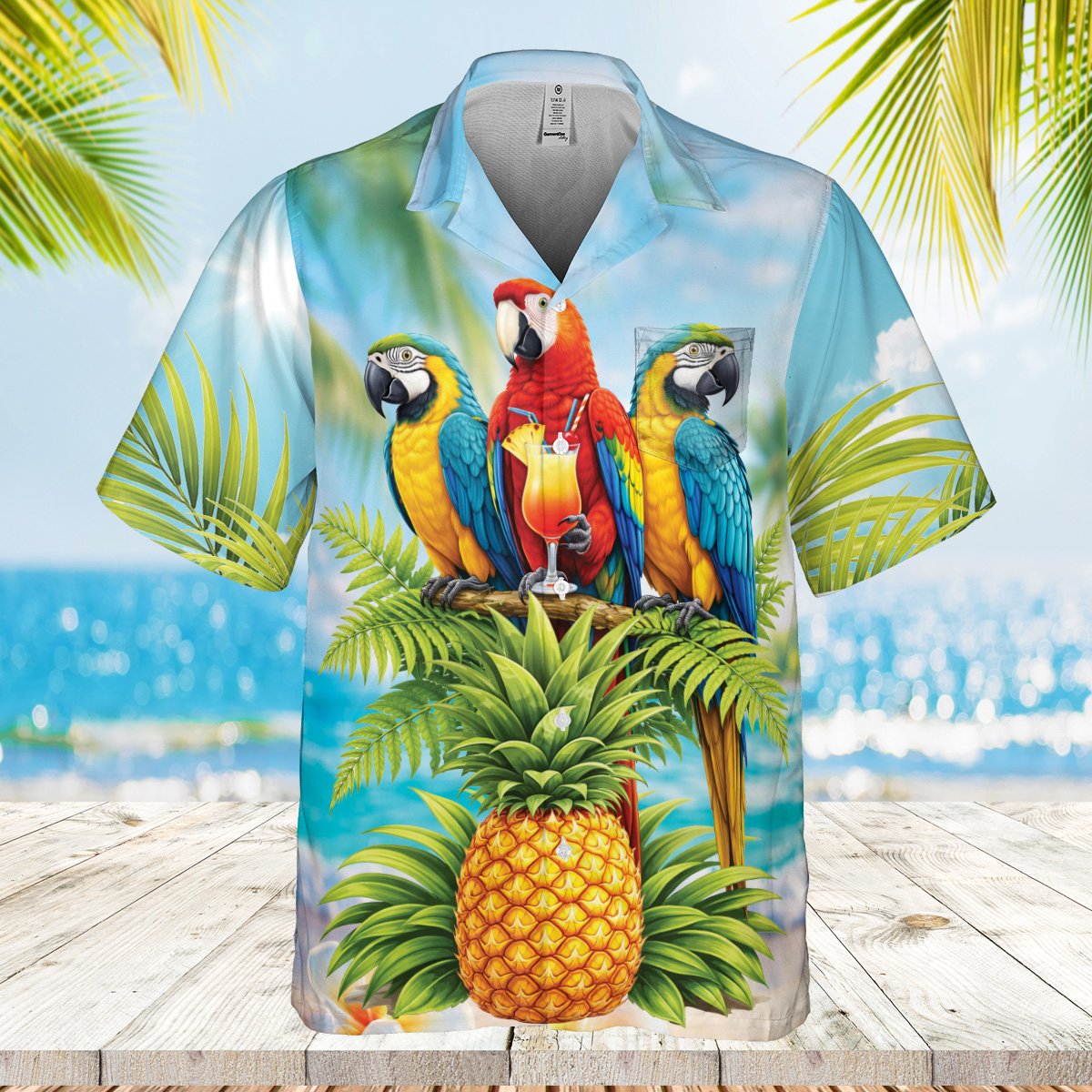 Close up on the front button closure of the macaw and pineapple hawaiian shirt