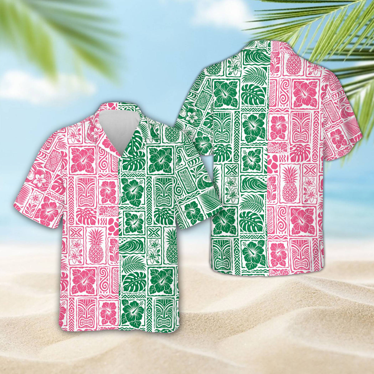 Another front view of the unique half-and-half color block hawaiian shirt for family matching