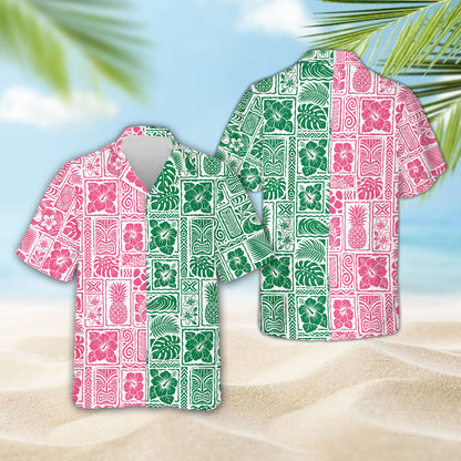 Another front view of the unique half-and-half color block hawaiian shirt for family matching