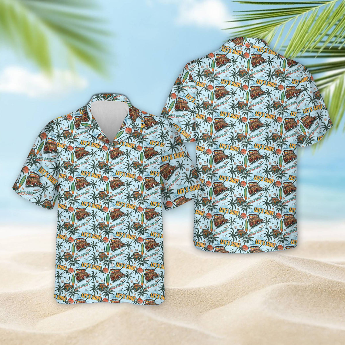 Tropical hawaiian shirt with retro beach wagon and surfboards design, alternate front view 4