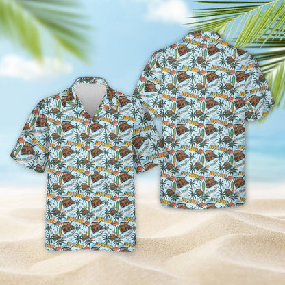 Tropical hawaiian shirt with retro beach wagon and surfboards design, alternate front view 4