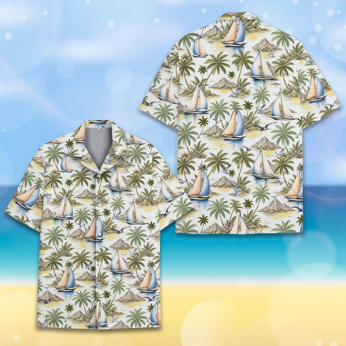 Front view detailing the palm trees and mountains on the hawaiian shirt