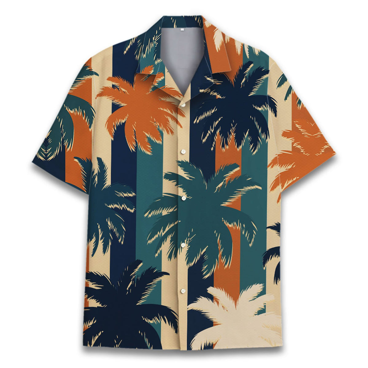 Close-up front view of the palm tree silhouettes on the tropical hawaiian shirt