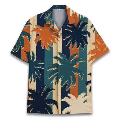 Close-up front view of the palm tree silhouettes on the tropical hawaiian shirt