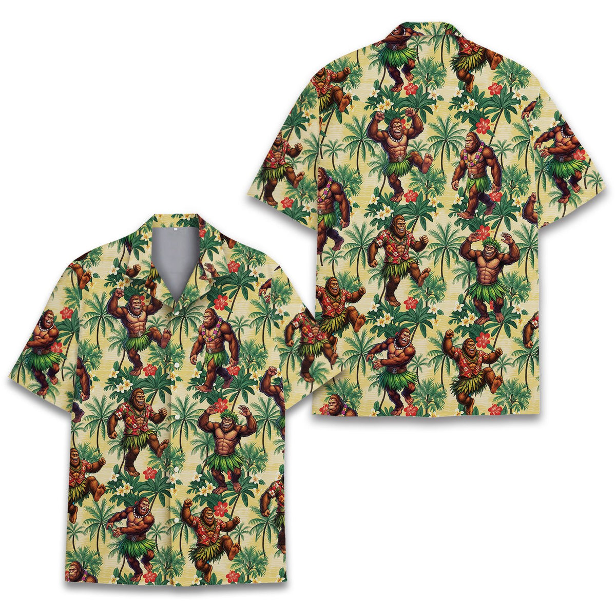 Detailed view of the dancing gorillas and floral leis on the hawaiian shirt.