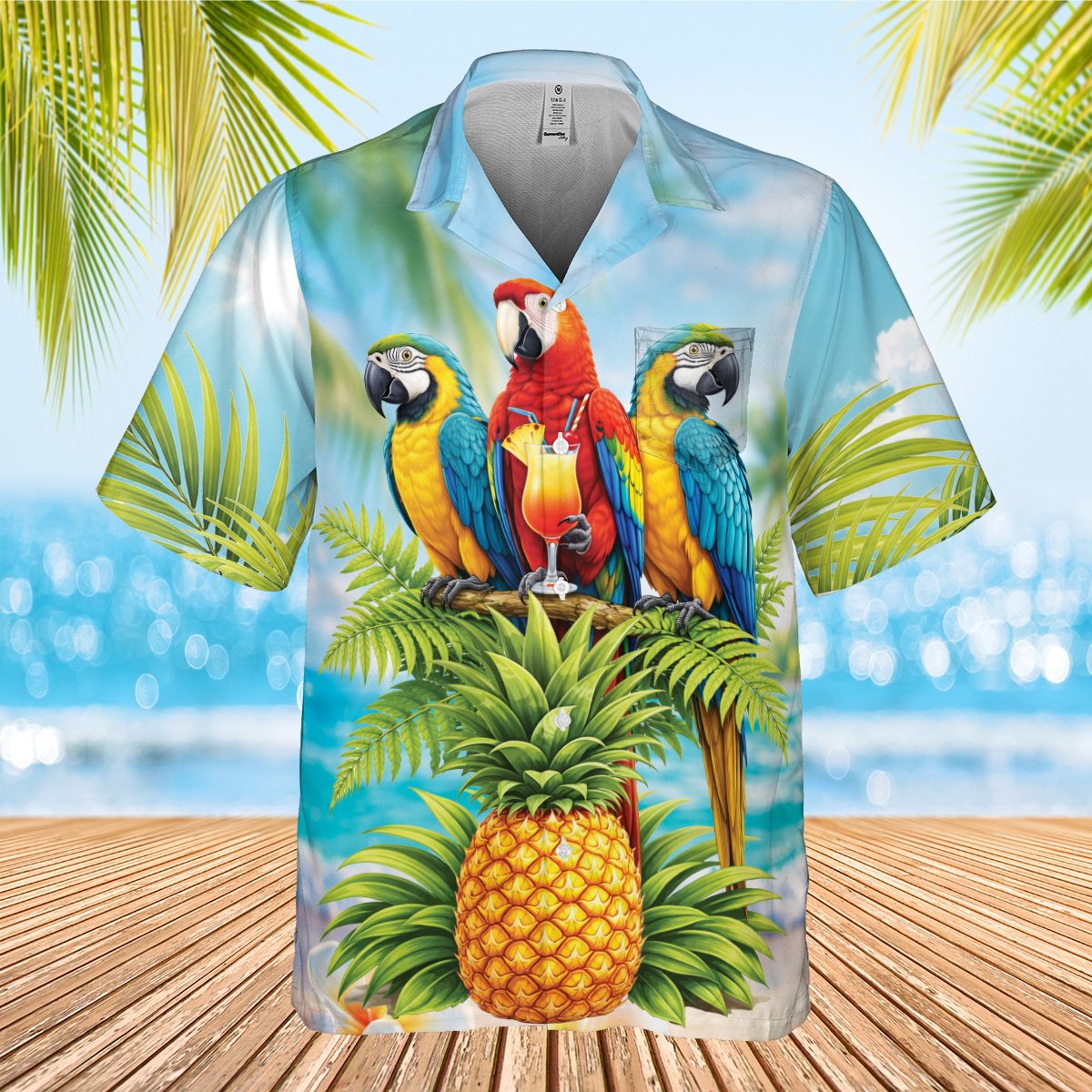 Detailed view of the collar and vibrant colors on the tropical hawaiian shirt