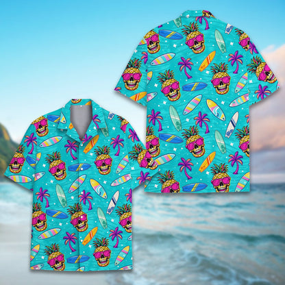 Vibrant hawaiian shirt bright turquoise background, flat front view