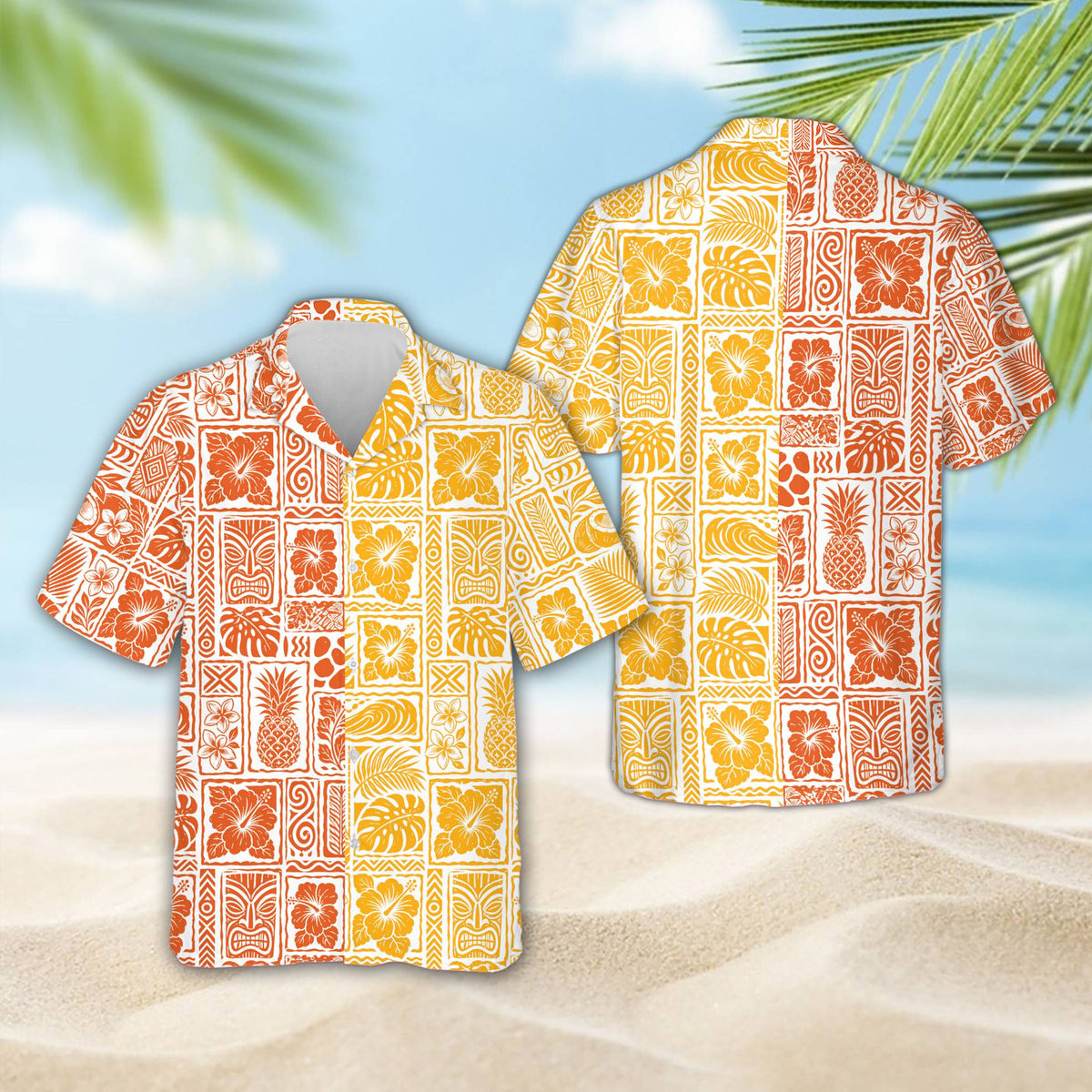 Front angle of the tropical print hawaiian shirt featuring vibrant island elements on a white background