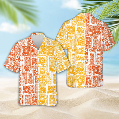 Front angle of the tropical print hawaiian shirt featuring vibrant island elements on a white background