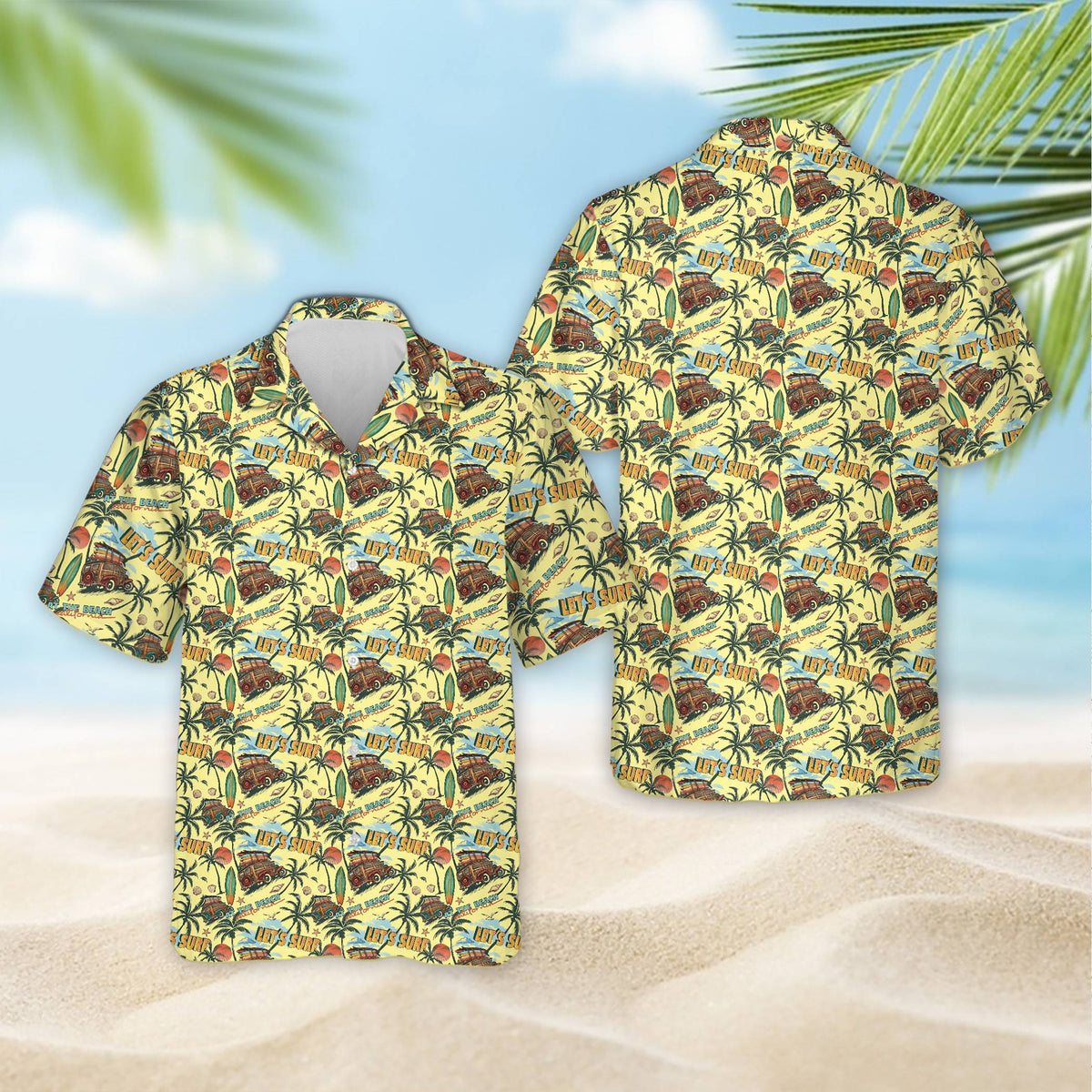 Tropical hawaiian shirt with retro beach wagon and surfboards design, alternate front view 5