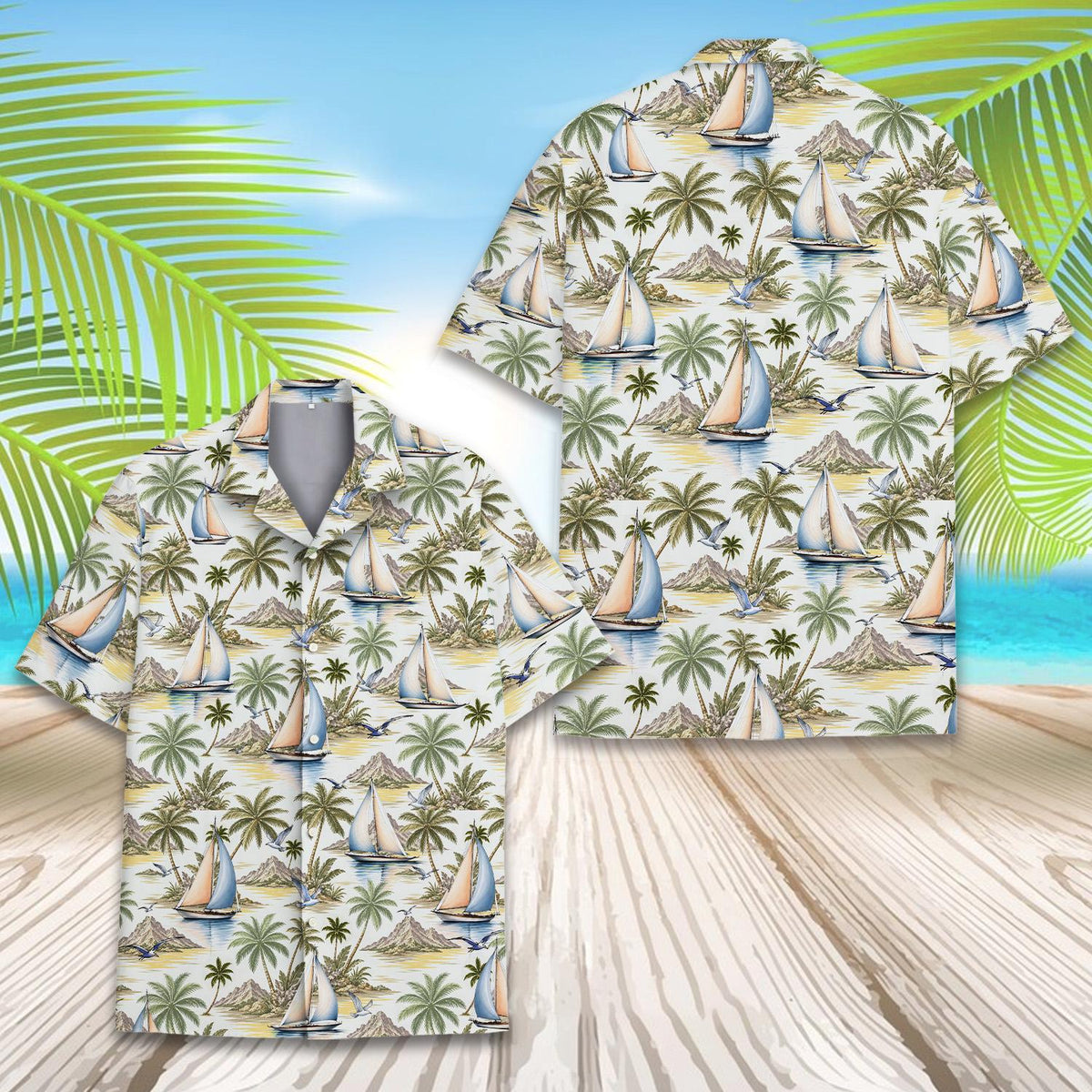 Front view of the hawaiian shirt showing the light background and seagulls