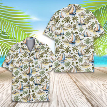 Front view of the hawaiian shirt showing the light background and seagulls
