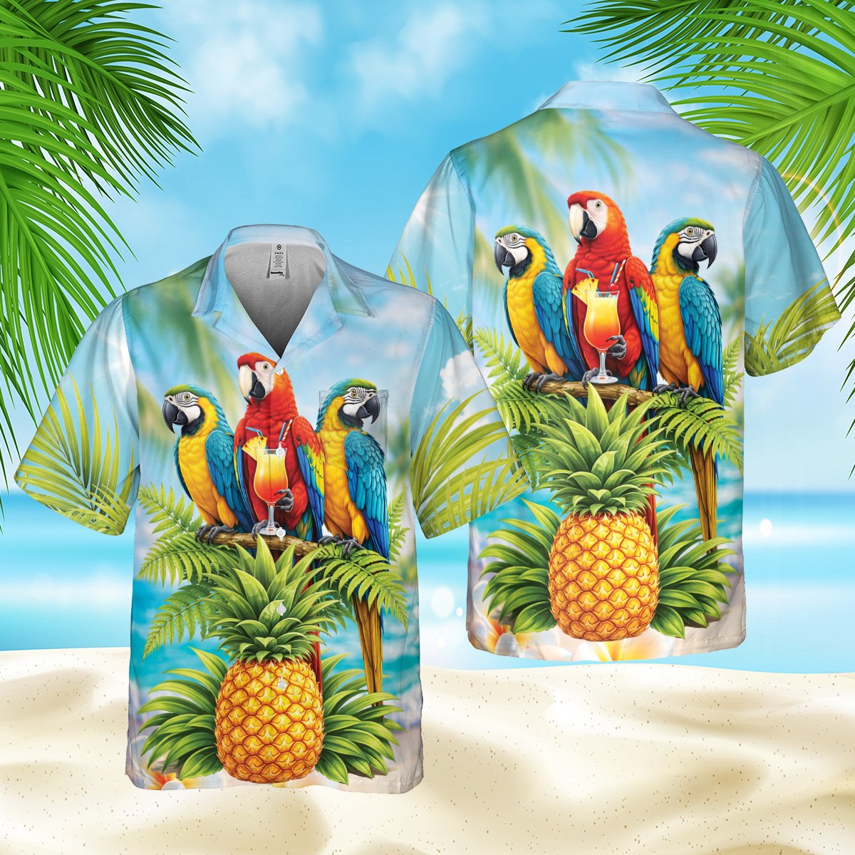 Front perspective of the light blue hawaiian shirt with macaw and pineapple print